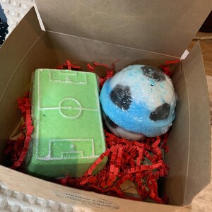 Football and pitch bath bombs in a box