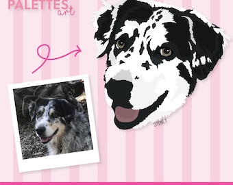 May include: A custom illustrated pet portrait of a dog with black and white markings, next to a photo of the dog. The image is on a pink background with vertical stripes. Text reads "Pixel Palettes art" and "Custom Illustrated Pet Portraits."