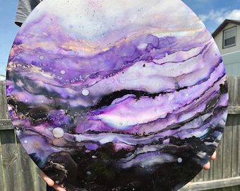 Original Purple Alcohol Ink Painting, Abstract Resin Art on Wood