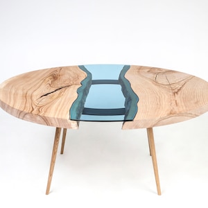 Live edge round coffee table, glass river table, oak coffee table