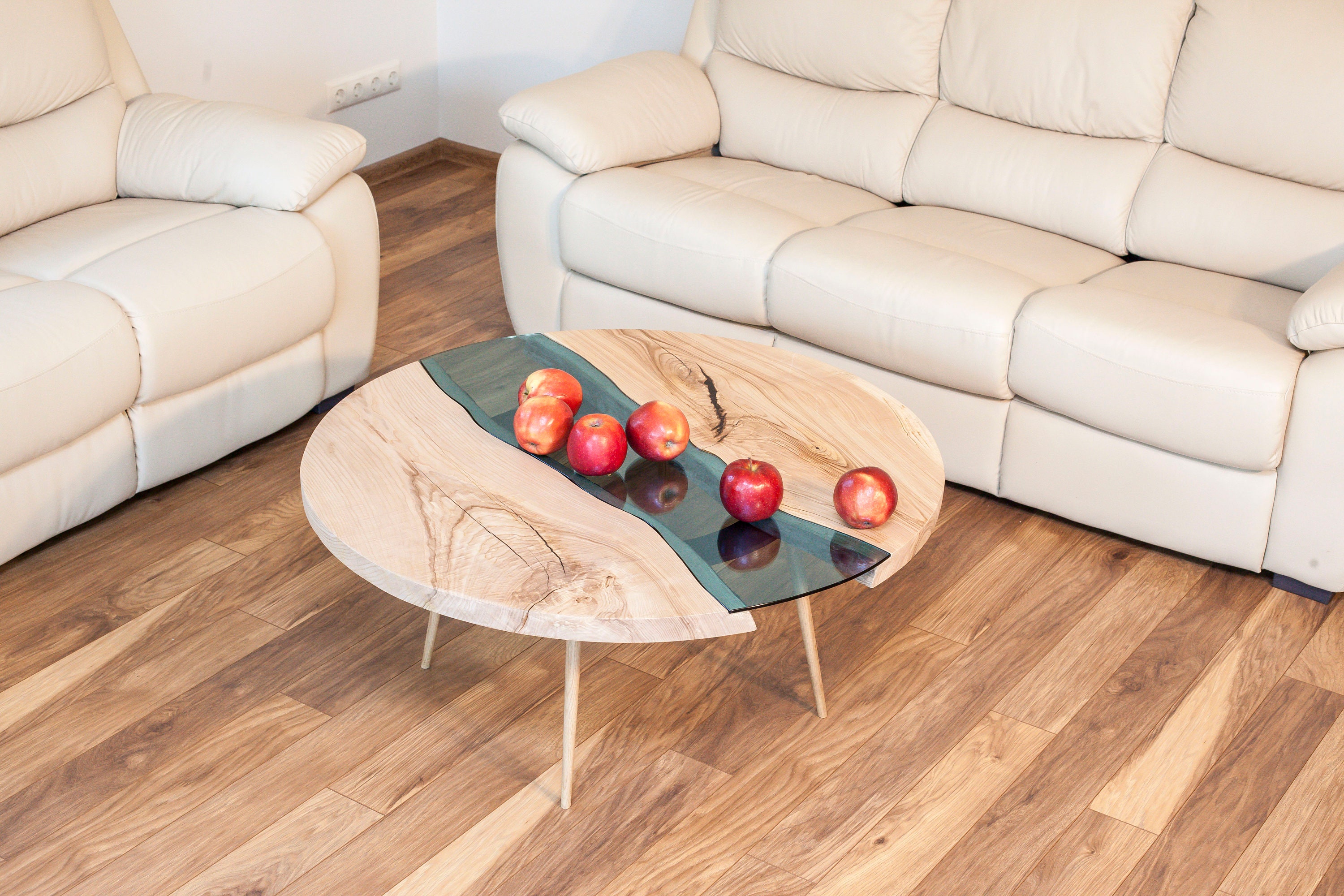 Live Edge Round Coffee Table, Glass River Table, Oak Coffee Table Etsy