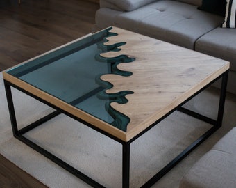 Coffee table, wood table, glass table, modern wood table, glass beach