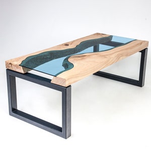 Live edge coffee table, glass river table, oak coffee table