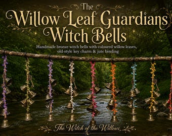 The Willow Leaf Guardians Witch Bells Handmade bronze witch bells with coloured willow leaves, old-style key charm & jute binding