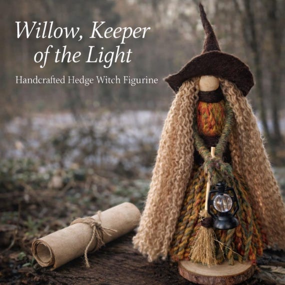 Willow, Keeper of the Light – Handcrafted Hedge Witch Figurine with Lantern – Wool, Felt & Wood