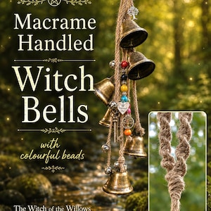 May include: A hanging decoration featuring multiple brass-toned bells suspended from a twisted macrame cord. The arrangement includes colorful beads, a small metal tree charm, a heart-shaped charm with the text Blessed Be, and a key charm.