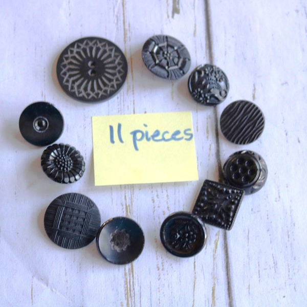 Special Buttons Bundle, 11 Fancy Buttons, Black with Special Features incl Texture, Carving, Raised Scenes, Medium & Large Sizes