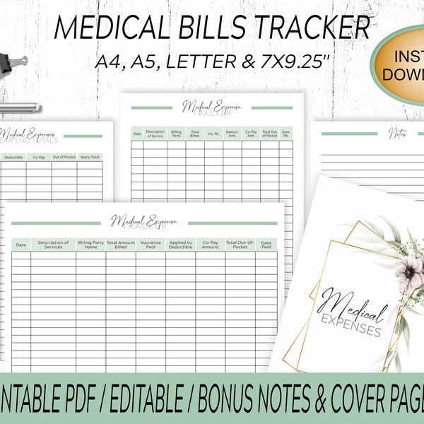 Medical Bills Tracker / Printable Medical Expense Templates / Healthcare Expenses with Year End Totals / Full Notes Page & Cover - Divider