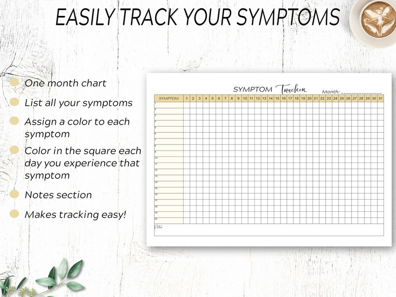 May include: A printable symptom tracker with a grid for each day of the month. The tracker is designed to help you track your symptoms by assigning a color to each symptom and coloring in the square for each day you experience that symptom. The tracker also includes a notes section for additional information.