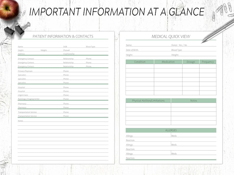 May include: A printable medical information sheet with sections for patient information, contacts, medical quick view, physical abilities, limitations, and allergies. The sheet has a green and white color scheme.