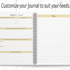 May include: A weekly journal with sections for reflecting on the best things about the week, gratitude, issues, goals, and thoughts and reflections. There is also a notes section.