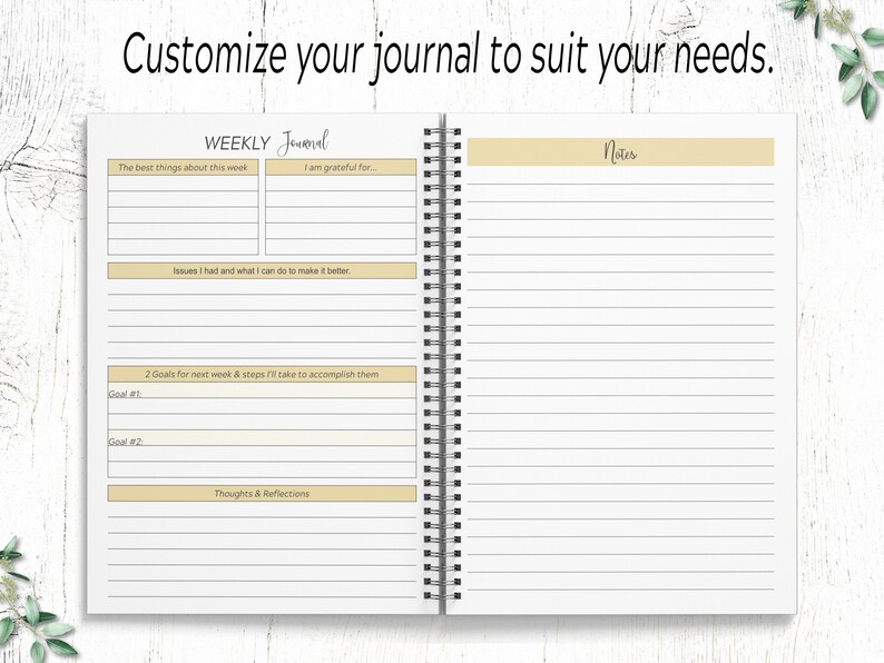May include: A weekly journal with sections for reflecting on the best things about the week, gratitude, issues, goals, and thoughts and reflections. There is also a notes section.