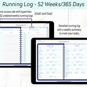 Pode incluir: Dois tablets digitais exibindo um modelo de registro de corrida. O modelo inclui um resumo semanal, conex&otilde;es di&aacute;rias e 52 semanas em um relance. O texto na tela diz "Registro de corrida digital - 52 semanas/365 dias".