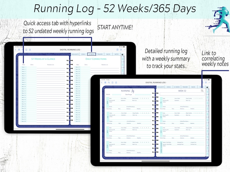 Pode incluir: Dois tablets digitais exibindo um modelo de registro de corrida. O modelo inclui um resumo semanal, conex&otilde;es di&aacute;rias e 52 semanas em um relance. O texto na tela diz "Registro de corrida digital - 52 semanas/365 dias".