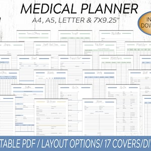 May include: A printable medical planner with 17 covers and dividers. The planner is available in four sizes: A4, A5, Letter, and 7x9.25 inches. The planner includes pages for appointments, medication, weight tracking, and more.