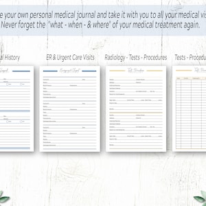 May include: A printable medical journal template with four sections: Surgical History, ER & Urgent Care Visits, Radiology - Tests - Procedures, and Tests - Procedures Records. Each section has a title bar with a light blue or yellow background and a handwritten font.