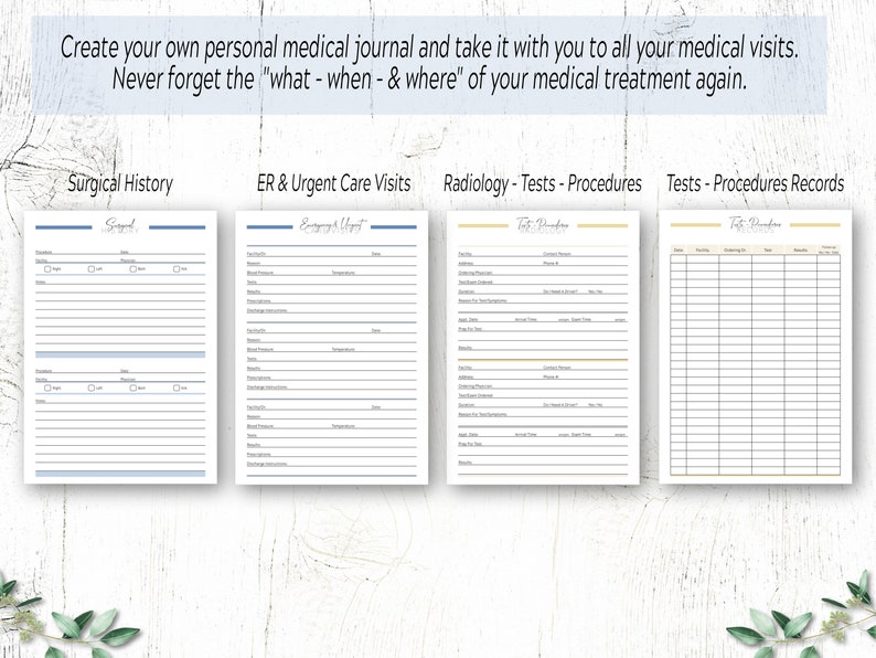 May include: A printable medical journal template with four sections: Surgical History, ER & Urgent Care Visits, Radiology - Tests - Procedures, and Tests - Procedures Records. Each section has a title bar with a light blue or yellow background and a handwritten font.