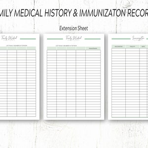 May include: Printable family medical history and immunization record forms. The forms are divided into three sections: Family Medical History, Extension Sheet, and Immunization Chart. Each section has a grid with columns for family member names, medical conditions, vaccination details, and more.