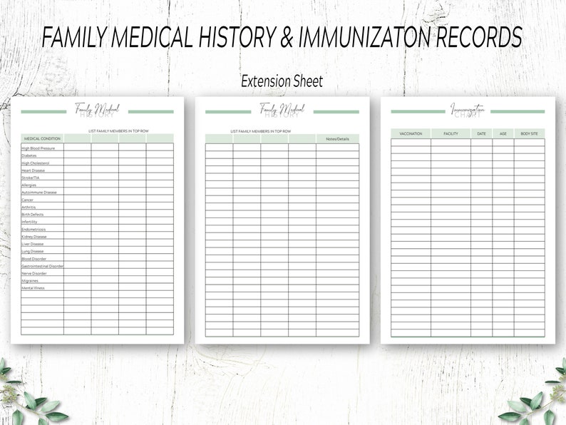 May include: Printable family medical history and immunization record forms. The forms are divided into three sections: Family Medical History, Extension Sheet, and Immunization Chart. Each section has a grid with columns for family member names, medical conditions, vaccination details, and more.