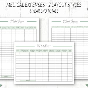 May include: Three printable medical expense tracker sheets with different layouts. The first sheet is titled "Medical Expenses Tracker" and has columns for date, description of service, billing party name, total billed, insurance paid, co-pay amount, total out-of-pocket, and date paid. The second sheet is titled "Medical Expenses Year End Totals" and has columns for year, patient name, deductible, co-pay, out-of-pocket, and yearly total. The third sheet is titled "Medical Expenses Tracker" and has columns for date, description of service, billing party name, total amount billed, insurance paid, applied to deductible, co-pay amount, total out-of-pocket, and date paid.