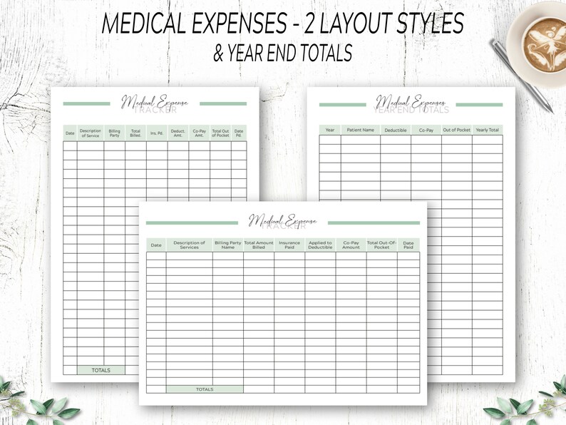 May include: Three printable medical expense tracker sheets with different layouts. The first sheet is titled "Medical Expenses Tracker" and has columns for date, description of service, billing party name, total billed, insurance paid, co-pay amount, total out-of-pocket, and date paid. The second sheet is titled "Medical Expenses Year End Totals" and has columns for year, patient name, deductible, co-pay, out-of-pocket, and yearly total. The third sheet is titled "Medical Expenses Tracker" and has columns for date, description of service, billing party name, total amount billed, insurance paid, applied to deductible, co-pay amount, total out-of-pocket, and date paid.