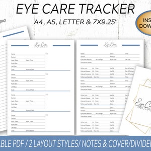 Può includere: Un tracker per la cura degli occhi stampabile in formato PDF. Il tracker include sezioni per il nome del medico, la data e l'ora dell'appuntamento, i risultati dell'esame degli occhi e altro ancora. L'immagine mostra anche una pagina di copertina con un design floreale e il testo "Eye Care Records".
