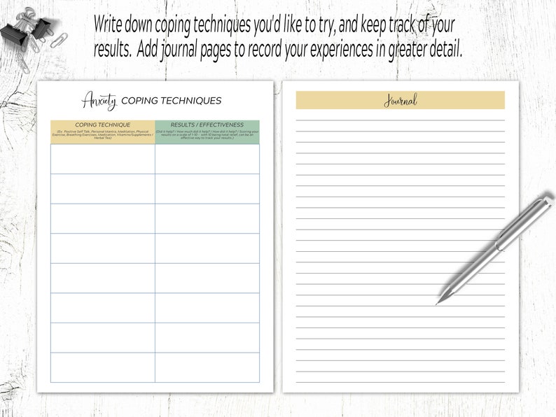 May include: A printable worksheet with a table for tracking anxiety coping techniques and a lined journal page for recording experiences. The table has two columns: "Coping Technique" and "Results/Effectiveness".