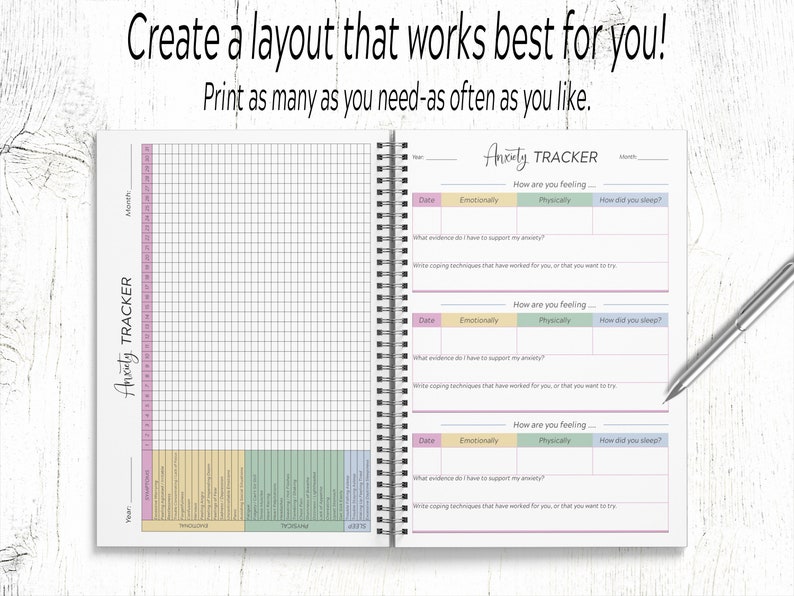 May include: A printable anxiety tracker journal with a grid for daily tracking and sections for journaling about emotional and physical feelings, coping techniques, and sleep quality. The journal has a pink, yellow, and green color scheme.