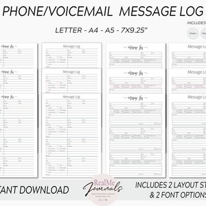 Registro de chamadas diárias / Modelo de registro de mensagens telefônicas / Registro de chamadas perdidas para impressão / Registro de correio de voz / Inclui 2 estilos de layout, 3 cores e 2 opções de fonte