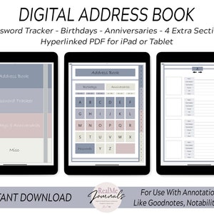 Puede incluir: Una agenda digital de direcciones para iPad o tableta. La agenda está dividida en secciones para direcciones, contraseñas, cumpleaños, aniversarios y miscelánea. La agenda está hipervinculada para una fácil navegación. La agenda está diseñada para su uso con aplicaciones de anotación como Goodnotes y Notability.