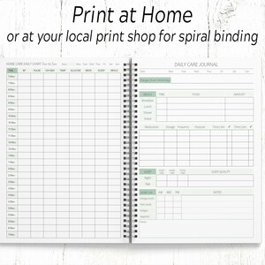 May include: A printable home care daily chart and journal with sections for tracking time, blood pressure, pulse, oxygen, temperature, glucose, medication, sleep, meals, and sleep quality. The journal is designed to be printed at home or at a local print shop for spiral binding.