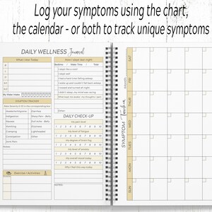 May include: A daily wellness journal with a symptom tracker, daily check-up, and a calendar to track unique symptoms. The journal has a beige and white color scheme with a black spiral binding.
