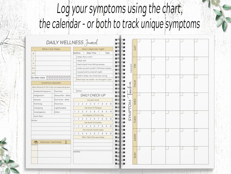 May include: A daily wellness journal with a symptom tracker, daily check-up, and a calendar to track unique symptoms. The journal has a beige and white color scheme with a black spiral binding.