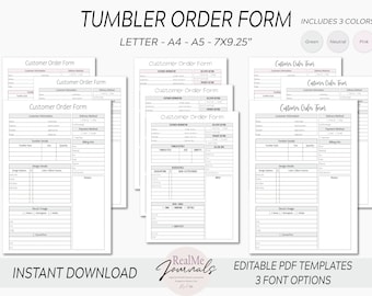 Puede incluir: Plantillas PDF editables para un formulario de pedido de vaso. El formulario incluye secciones para la información del cliente, el método de entrega, los detalles del vaso, los detalles del diseño y las notas. El formulario está disponible en tres colores: verde, neutro y rosa. El formulario está disponible en tamaños carta, A4, A5 y 7x9,25 pulgadas.