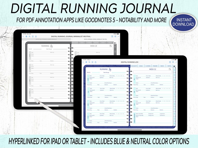 Pode incluir: Di&aacute;rio de corrida digital para iPad ou tablet. O di&aacute;rio &eacute; projetado para uso com aplicativos de anota&ccedil;&otilde;es como GoodNotes 5 e Notability. Inclui duas op&ccedil;&otilde;es de cores: azul e neutro. O di&aacute;rio apresenta um registro semanal e um registro de corrida.