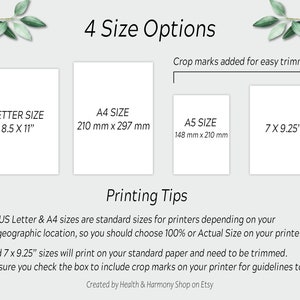 May include: A printable guide with four size options for printing: Letter (8.5 x 11 inches), A4 (210 x 297 mm), A5 (148 x 210 mm), and 7 x 9.25 inches. The guide includes printing tips, such as choosing 100% or Actual Size on your printer and checking the box to include crop marks for easy trimming.