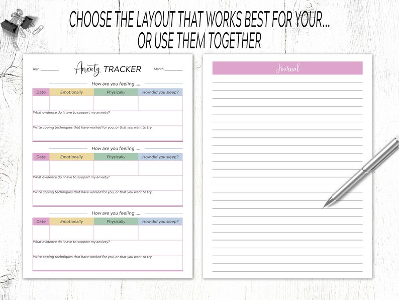 May include: Printable anxiety tracker and journal pages. The tracker has sections for date, emotional state, physical state, and sleep quality. The journal page has lined paper for writing.