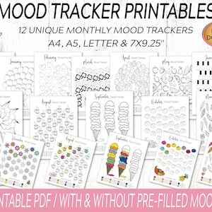 Könnte beinhalten: Zwölf druckbare monatliche Stimmungstracker in Schwarzweiß. Jeder Tracker verfügt über ein anderes Design, wie Herzen, Blumen und Eiswaffeln. Die Tracker sind in den Größen A4, A5, Letter und 7x9,25 Zoll erhältlich. Druckbarer PDF mit und ohne vorgefüllten Stimmungen.