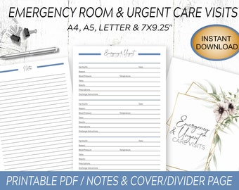May include: Printable PDF template for tracking emergency room and urgent care visits. The template includes a cover page with a floral design and a notes page with lined sections for recording facility, date, reason for visit, blood pressure, temperature, tests, prescriptions, results, and discharge instructions.