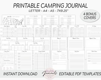 May include: Printable camping journal with 16 pages of templates for planning and documenting your camping trips. The journal includes pages for packing lists, campsite details, daily journal entries, and more. The journal is available in Letter, A4, A5, and 7x9.25 inch sizes. The journal also includes 4 bonus covers.