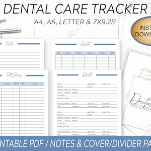 Planificador dental / Plantillas de cuidado dental imprimibles / Citas dentales, limpieza de dientes y seguimiento de rayos X / Notas y páginas divisorias de portada