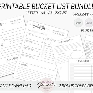 Puede incluir: Paquete de listas de deseos imprimibles en cuatro colores: verde, neutro, rosa y blanco y negro. El paquete incluye cuatro plantillas de listas de deseos diferentes con secciones para fechas, nuestra aventura, completado, por qué queremos hacer esto, cosas que queremos hacer, nuestros recuerdos y pensamientos y reflexiones. El paquete también incluye una plantilla de planificador de viajes con secciones para nuestra aventura, información de vuelo, alojamiento, actividades y presupuesto. El paquete incluye dos diseños de portada adicionales.
