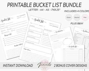 May include: Printable bucket list bundle in four colors: green, neutral, pink, and black and white. The bundle includes four different bucket list templates with sections for dates, our adventure, completed, why we want to do this, things we want to do, our memories, and thoughts and reflections. The bundle also includes a trip planner template with sections for our adventure, flight information, accommodation, activities, and budget. The bundle includes two bonus cover designs.