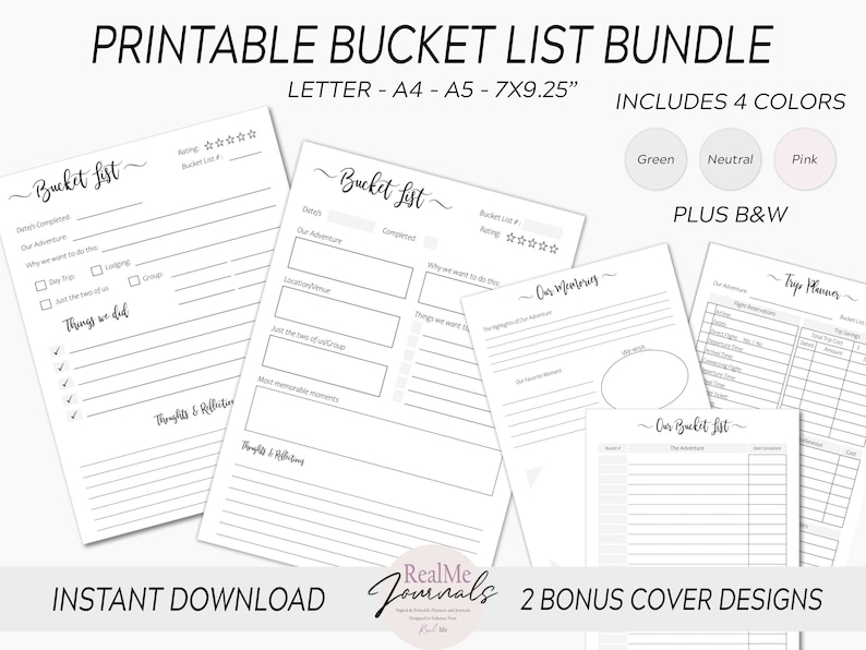 May include: Printable bucket list bundle in four colors: green, neutral, pink, and black and white. The bundle includes four different bucket list templates with sections for dates, our adventure, completed, why we want to do this, things we want to do, our memories, and thoughts and reflections. The bundle also includes a trip planner template with sections for our adventure, flight information, accommodation, activities, and budget. The bundle includes two bonus cover designs.