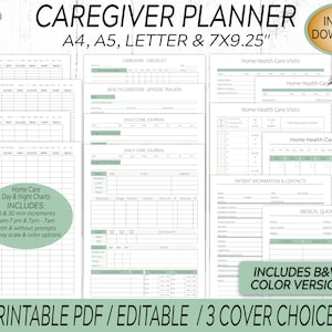 Może przedstawiać: Drukowany planer dla opiekunów w formacie PDF z 3 opcjami okładki. Planer zawiera wykresy dziennych i nocnych usług opiekuńczych w domu, listy kontrolne dla opiekunów, śledzenie stanu zdrowia, dzienniki codziennej opieki, rejestry wizyt opiekuńczych w domu, informacje i dane kontaktowe pacjentów oraz szybki przegląd medyczny. Planer jest dostępny w wersjach czarno-białej i kolorowej.
