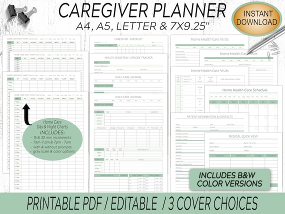 Caregiver Planner: Home Health Care Forms, Daily Log (Digital Download)