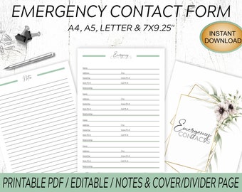 Emergency Contact Form Printable: Information List, Notes, Cover (PDF)