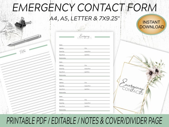 Emergency Contact Form Printable: Information List, Notes, Cover (PDF)