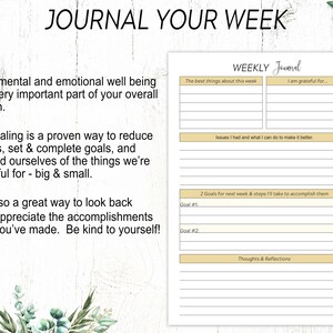 May include: A printable weekly journal page with a light brown background and a light yellow border. The page is divided into sections for journaling about the best things about the week, things you are grateful for, issues you had and how to make them better, goals for the next week, and thoughts and reflections.