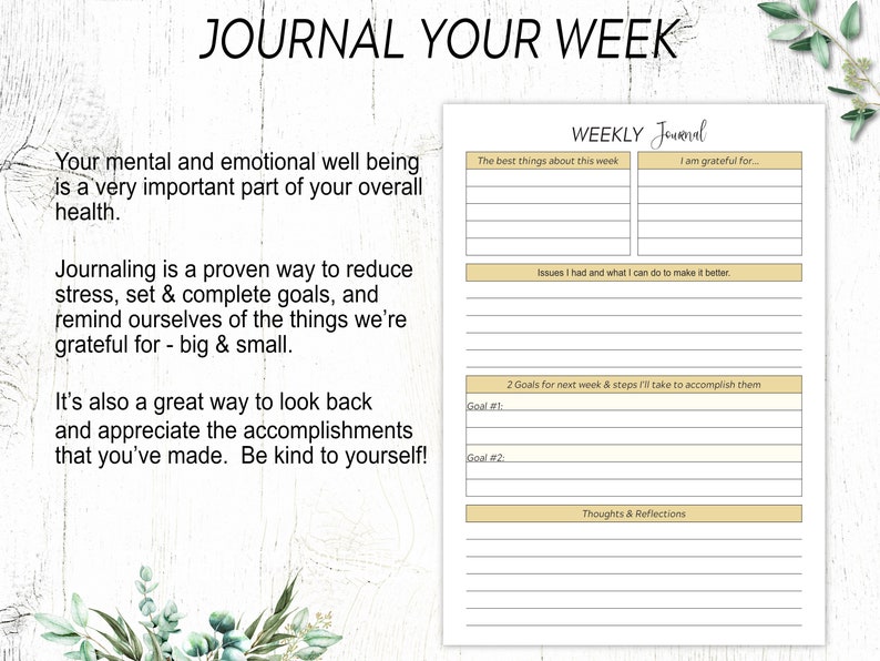 May include: A printable weekly journal page with a light brown background and a light yellow border. The page is divided into sections for journaling about the best things about the week, things you are grateful for, issues you had and how to make them better, goals for the next week, and thoughts and reflections.